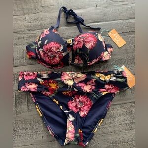 Kona Sol 2 Piece Bikini, Navy & Floral Design, Gold tone closure top, NWT